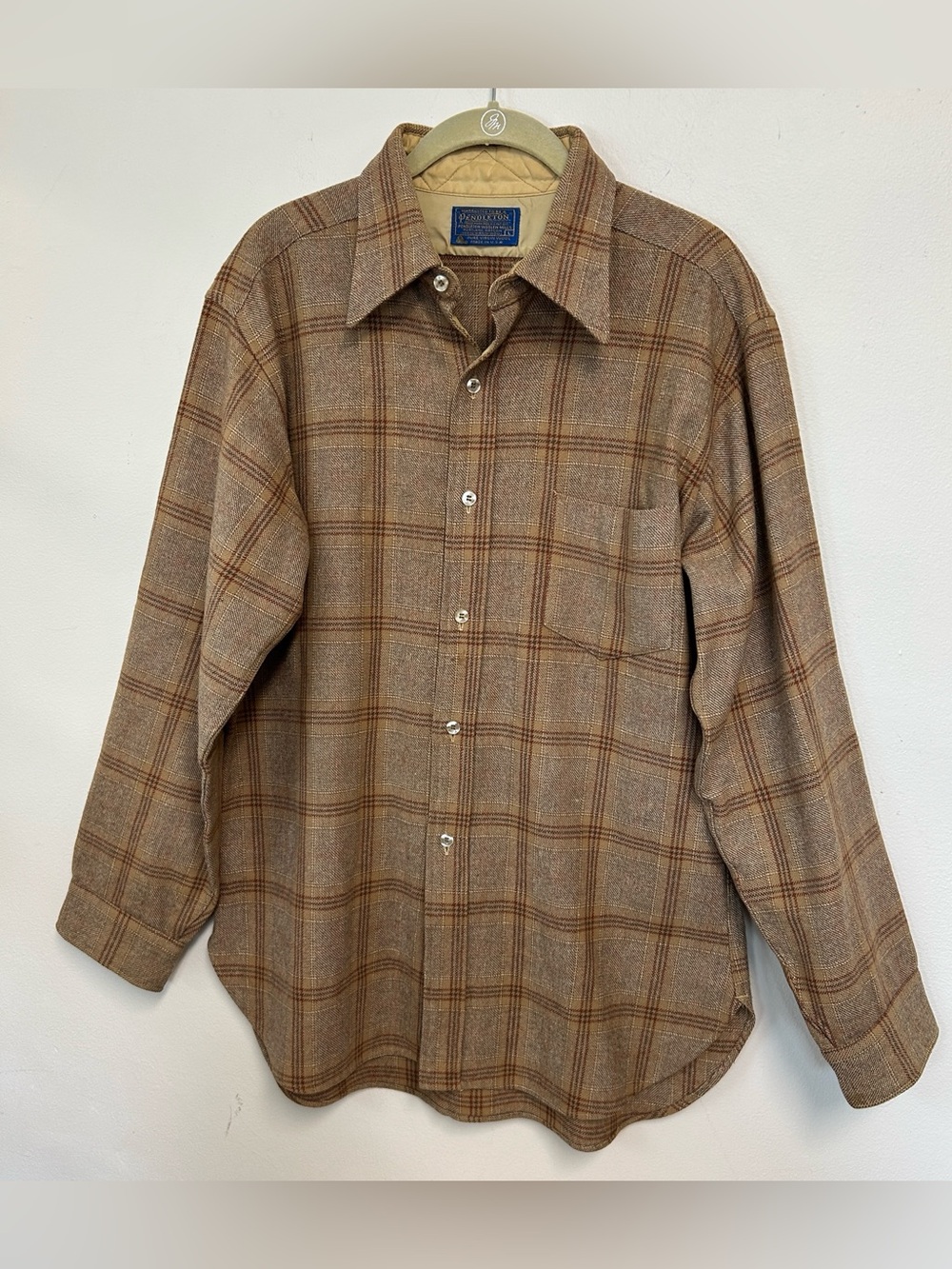 Pendleton Vintage Outdoor 100% Virgin Wool Blue Label Brown Plaid Shirt Mens L